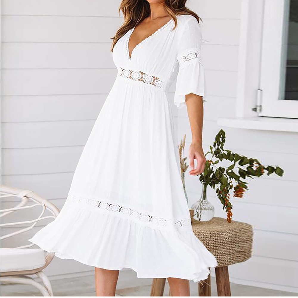 Women’s Short Sleeves Chiffon Semi-Sheer Sexy V Neck Flowy Casual Dress Boho - Picture 3 of 15